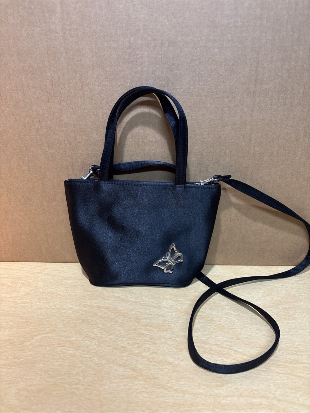 Y2K VTG 2000s Mini Crossbody Purse Black Satin With Butterfly Removable Strap